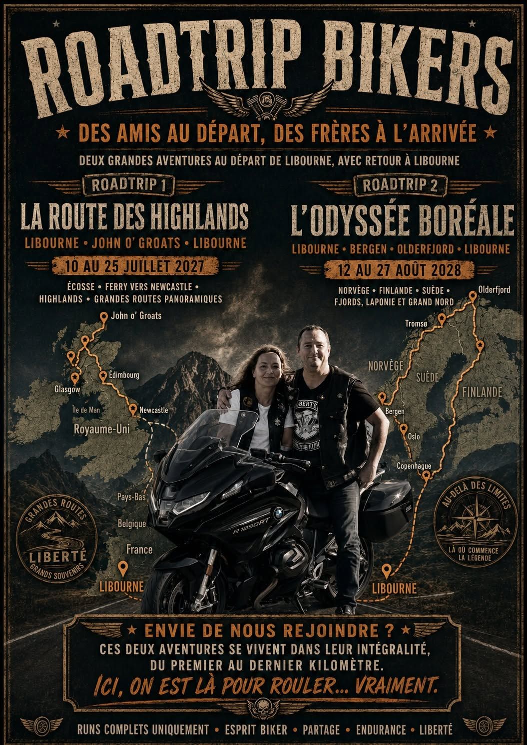 Affiche Roadtrip Bikers présentant les deux aventures : la Route des Highlands du 10 au 25 juillet 2027 et l'Odyssée Boréale du 12 au 27 août 2028, avec les cartes des deux parcours au départ de Libourne.