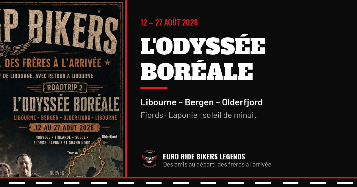 Affiche Roadtrip Bikers présentant l'Odyssée Boréale 2028.