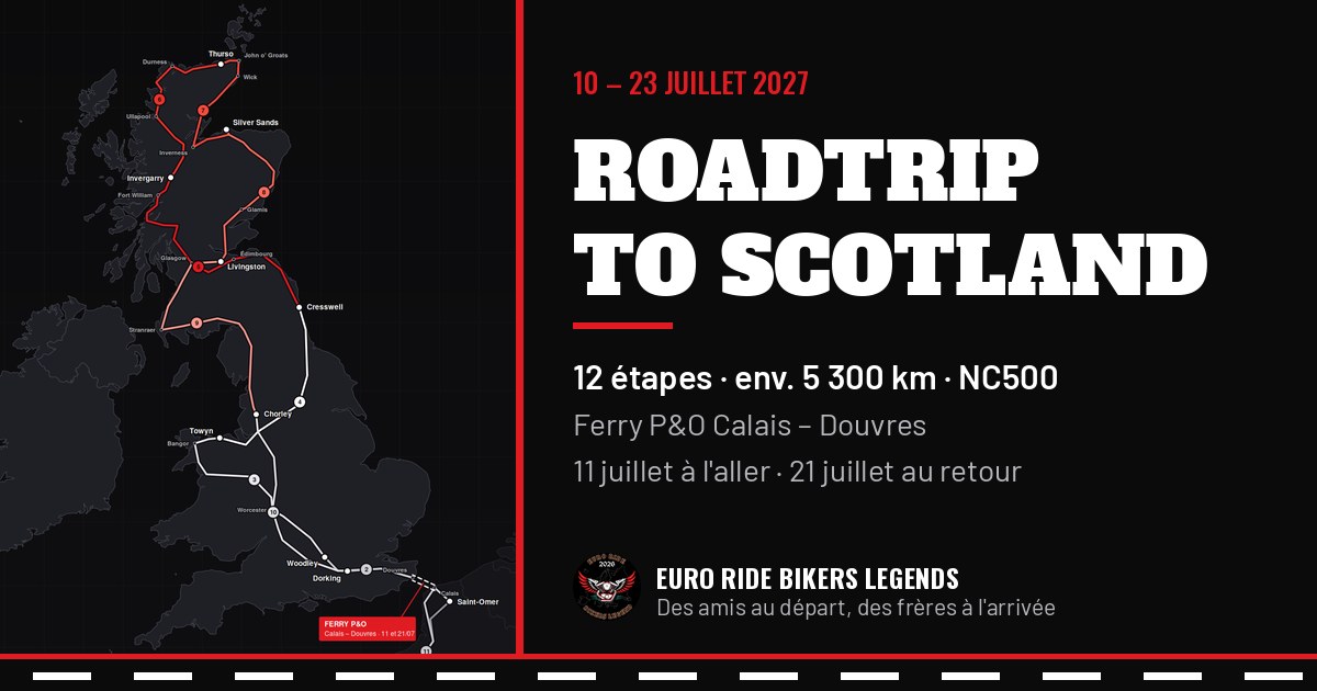Carte du Roadtrip to Scotland 2027 : boucle en 12 étapes de Libourne à John o'Groats, traversées en ferry entre Calais et Douvres.